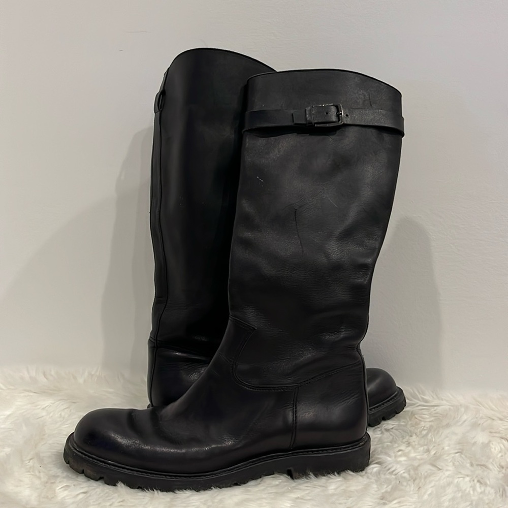 Sergio Rossi Tall Black Leather Zipper Pull On Boots Men Made in Italy Size 10